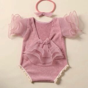 Newborn Photography Lace Romper Bow Headband Set Baby Girl Photo Shootin…